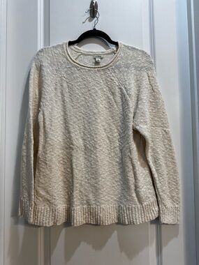LL Bean Beige Pullover Sweater Medium Round Neck Textured Cotton Long Sleeve